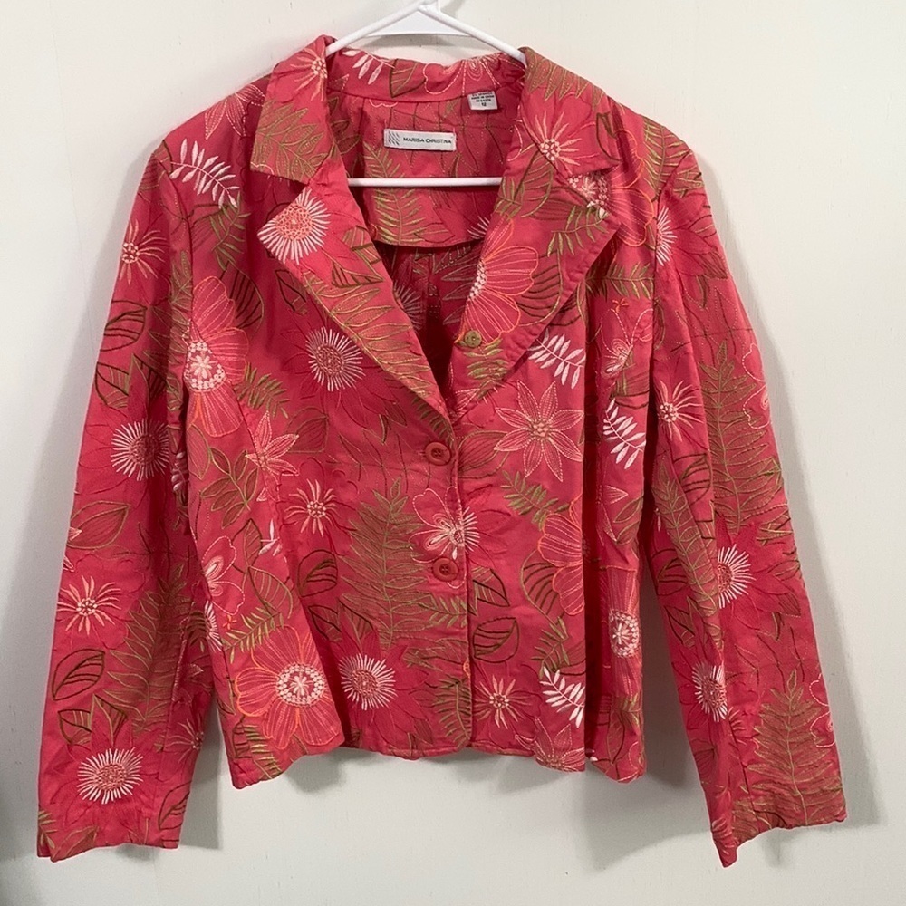 Marisa Christina embroidered jacket blazer pink w/green cream & light pink Sz 12